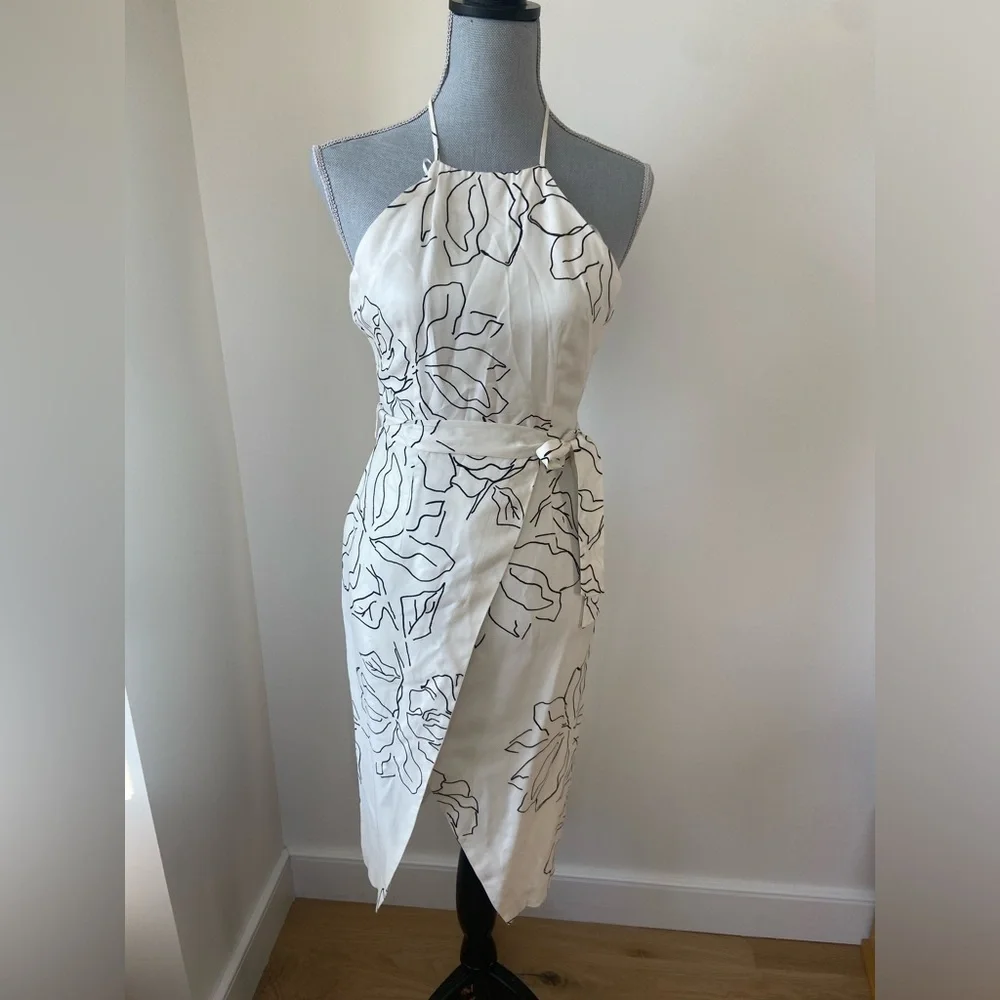 TALULAH Halter Wrap Midi Dress XS | White Floral Minimal Chic Summer Dress - Picture 2 of 12
